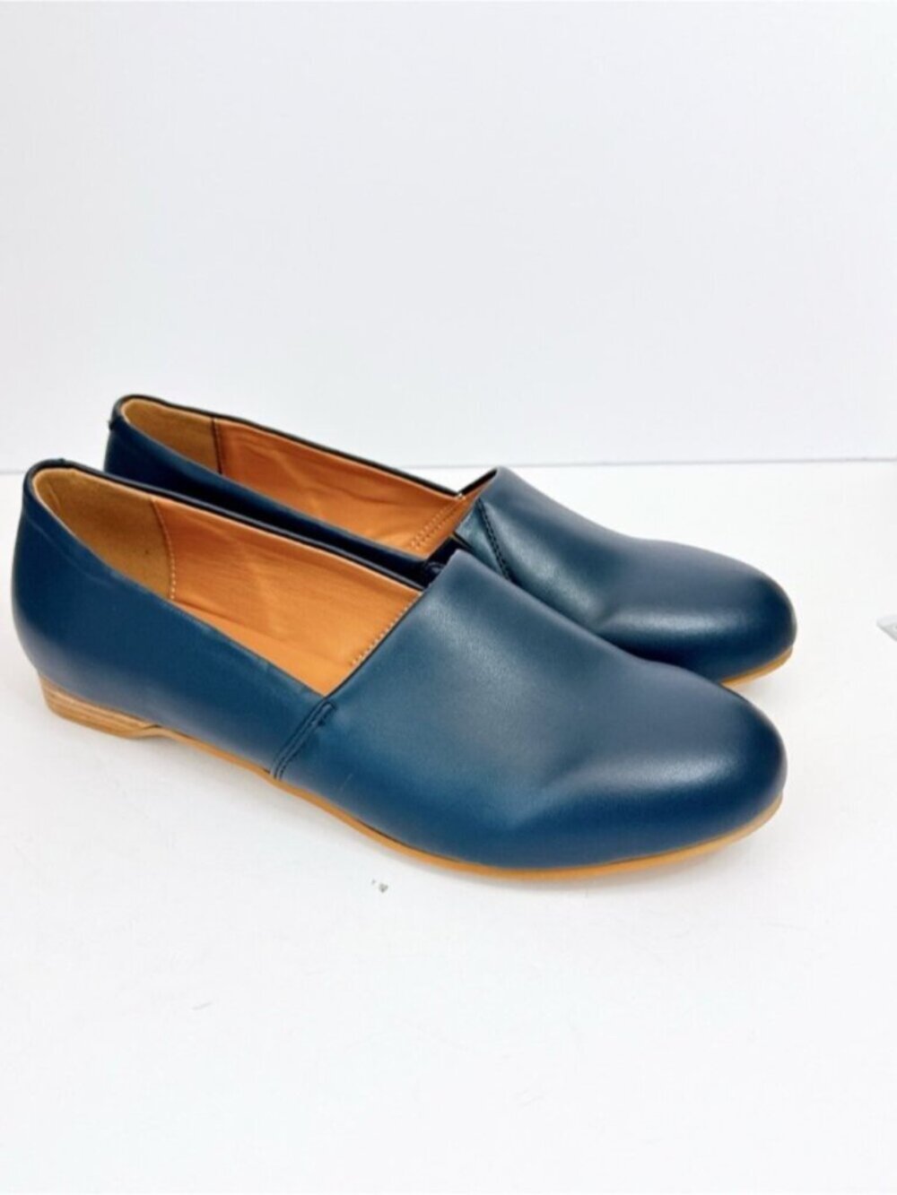 Size 9 Women’s Dark Blue Faux Leather Round Toe Flats FOWT Work Shoes Daily
